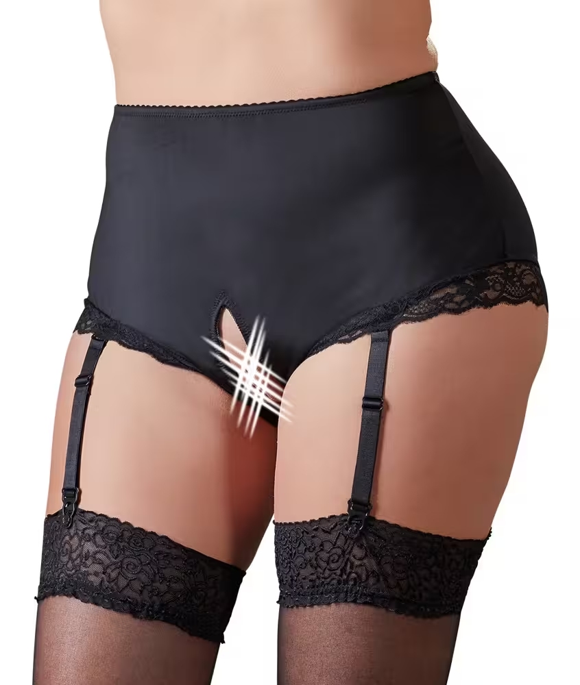 Harnais strap-on culotte ouverte jarretelles satin noir
